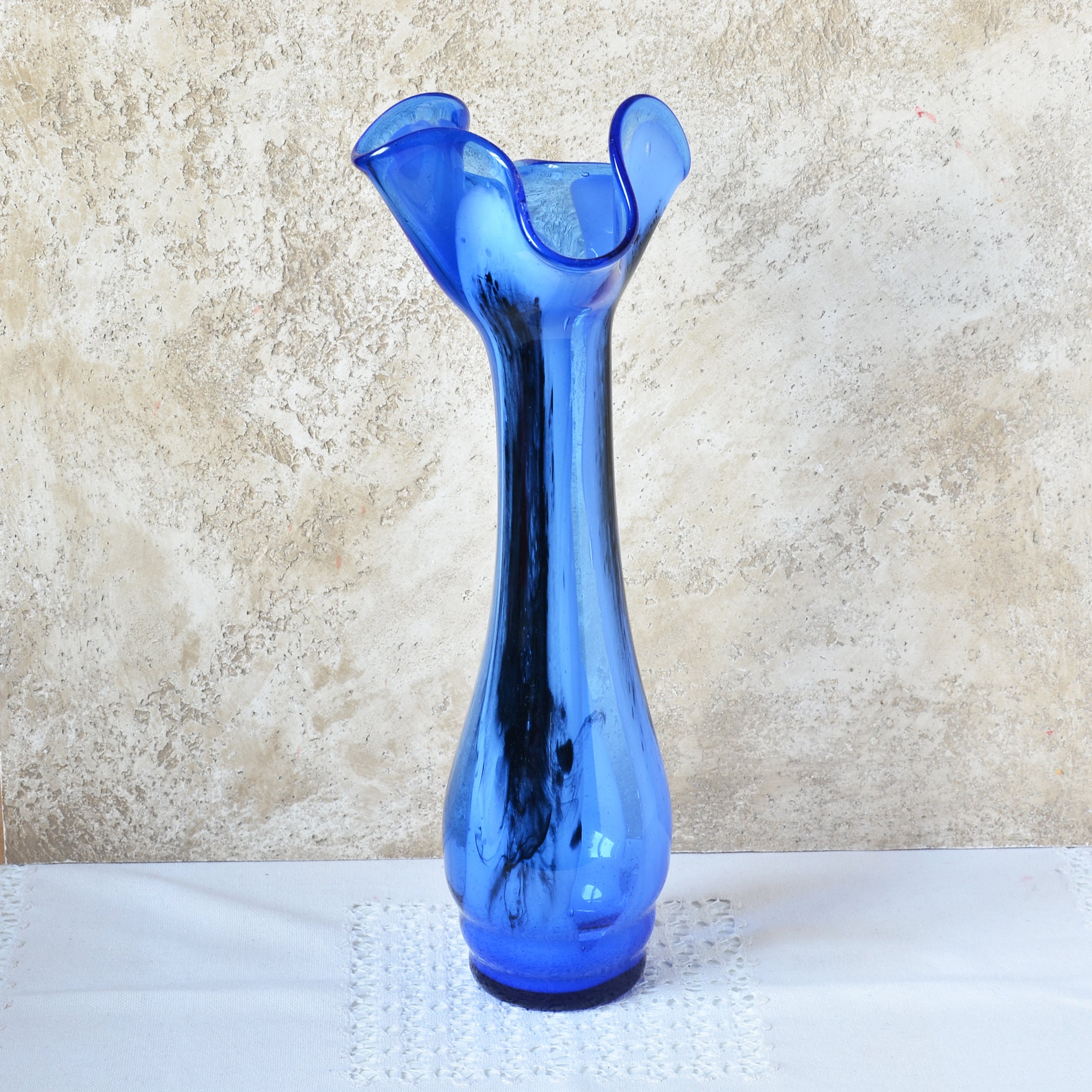 Vintage Mouth Blown Glass Vase Blue Black & White Elegant Etsy