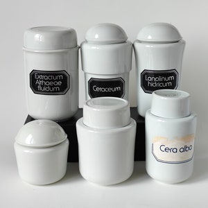 Porcelain Pharmacy Lidded Jars, Vintage Apothecary Jars with Enameled Label, Antique Pharmacy Glassware Porcelain, Jar Medical Porcelain 50s