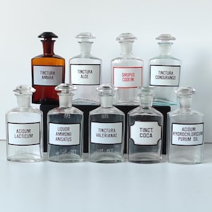 Vintage Apothecary Bottle With Enameled Label, Poison Bottle with Glass Stopper, Antique Medicine Glassware, Old Brown Glass Apothecary Jar