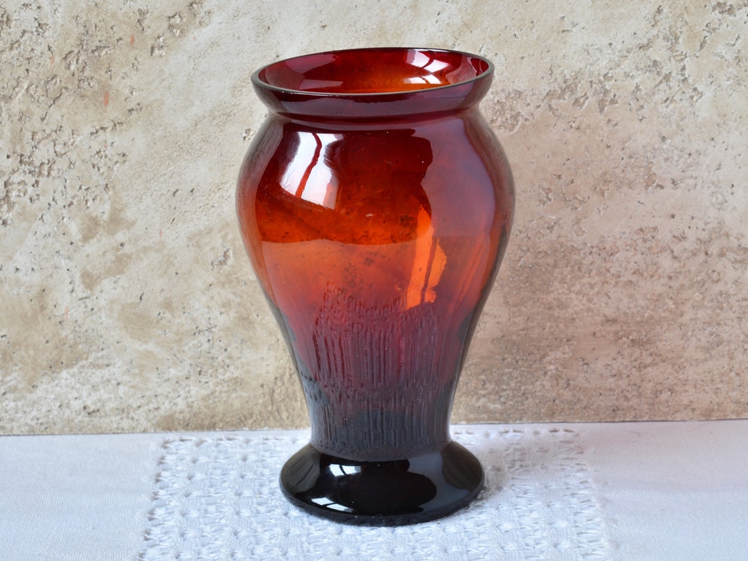 Vintage Dark Red Vase Midcentury Modern, Blown Glass Vase for Flower