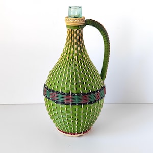 Vintage Demijohn Wicker Bottle with Handle, French Country Decor, Glass Wine Bottle Wrapped Green Threads, Carboy Bottle Wicker 1970s.