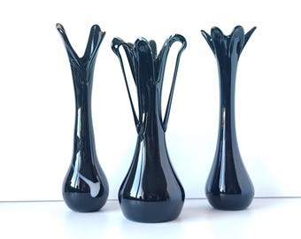 Swung Glass Vase, Goth Black Minimalist Style Black Glass Vase, Gothic Home Decor Artistic Unique Table Decor, Vase Dried Flower Tall 15"