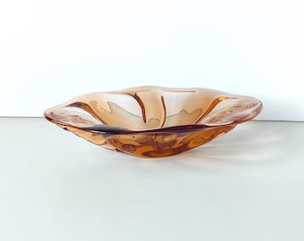 Decorative Glass Centerpiece Bowl Massive & Heavy, Amber Fruit Bowl, Amber Bowl Tabletop Apartment Decor, Retro Leaded Glass Bowl