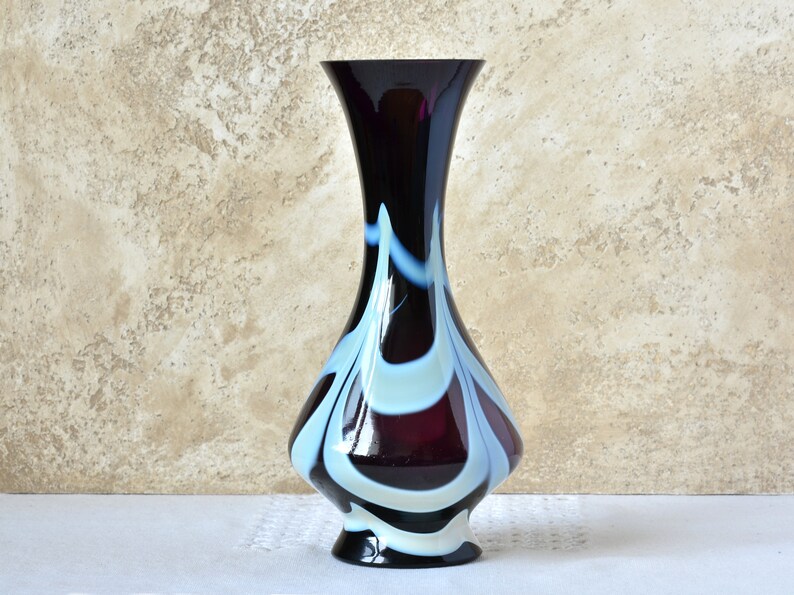 Vintage Bud Vase, Dark Purple and White Glass, 10 Tall Glass Vase for Flowers Arrangements, Artisan Decorative Vase, Retro Decor 1970s._8