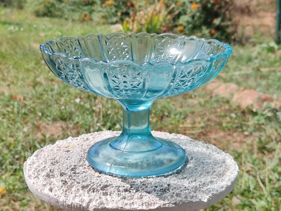 Vintage Light Blue Glass Bowl for Fruits, Glass Pedestal