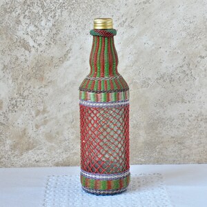 Vintage Wicker Bottle Red and Green, Glass Bottle in Colorful Plastic Wicker for Alcohol - Wine, Whisky or Brandy, Old Rustic Decor 1970s