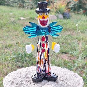 Clown en verre de Murano, sculpture en verre vénitien colorée 25 cm, grand clown en verre d&#39;art, figurine de clown en verre Italie, statue en verre soufflé de Murano