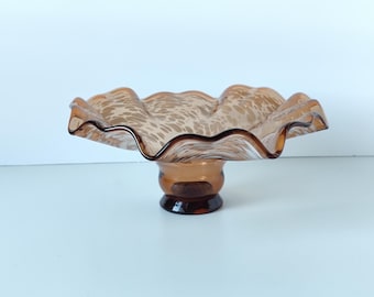 Hand Blown Ruffled Glass Bowl, Large Art Glass Bowl, Vintage Centerpiece Fruit Bowl, Retro Glass Table Decor, Kitchen Countertop Decoration
