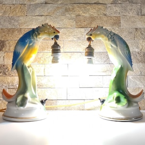 Porcelain Parrot Night Lamp, Hollywood Regency Desk Lamp, Unusual Elegant Lighting, Vintage Gift for New Home, Porcelain Bird Figurine Lamp