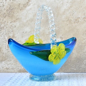 Vintage Hand Blown Blue Glass Basket, Art Glass Candy Bowl with Yellow Flower Decoration, Small Trinket Dish, Accent Decorations for Home