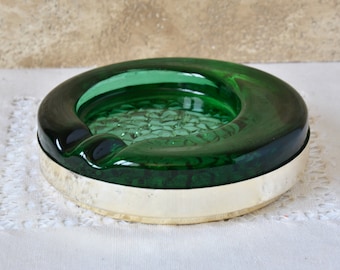 Vintage Ashtray, Emerald Green Glass and Metal Gold Ashtray, Art Glass Ashtray, Emerald Glass Ashtray for Cigarettes, Unique Gift for Smoker