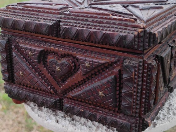 Tramp Art Box Antique Carved Wood, Vintage Memory Box