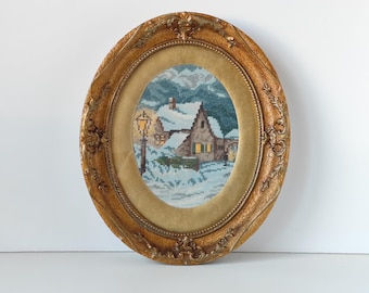 Vintage Oval Gold Frame with Tapestry (Winter Cottage), Wall Home Decor, Retro Wood and Gesso Ornate Frame, Above Fireplace Frame 15 x 12&quot;