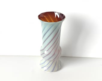 Vintage Vase for Flowers, Subtle White and Orange Yellow Curved Striped, Glass Vase Hand Blown Glass, Elegant Style Retro Home Decor 1970s.