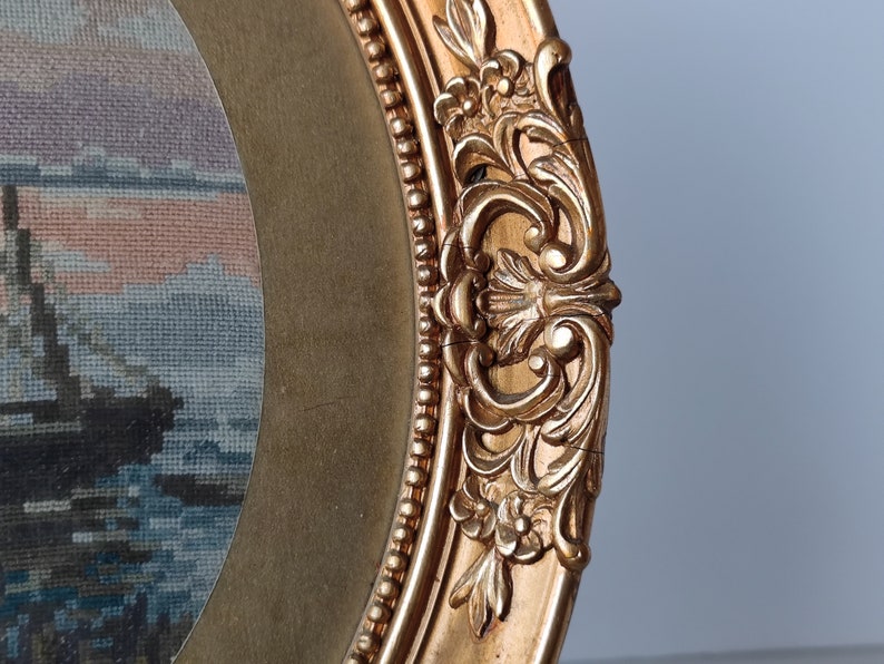 Vintage Oval Gold Frame With Tapestry seascape, Wall Home Decor, Retro