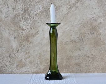 Vintage Candlestick Holder Grenn Glass, Art Glass Candleholder Single Taper Candle, Blown Glass Mid-century Modern Tall 9 inch, Shelf Decor