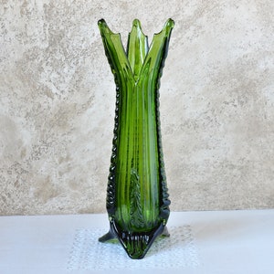 Antique Vase Green Glass Blown, Mid-Century Modern Glass Vase 1950s, Table Centerpiece Vase Tall 13 inches, Room Decor Aesthetic Flower Vase