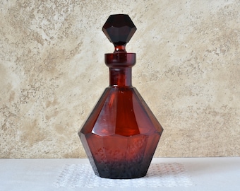 Art Deco Rubin Glass Decanter, Vintage Bar Decor, Diamond Form Bottle Rubi Red Glass, Birthday Man Gift, Alcohol Decanter Glass Stopper