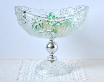 Vintage Centerpiece Bowl with Metal Pedestal from 1970s. Glass Candy Bowl with a Beautiful Pattern, Retro Art Deco style for Living room