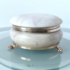 Marble Jewelry Box with Lion Legs, Antique Trinket Box, Vintage Solid Stone Box Hinged Lid, Round Trinket Box Marble Brass, Gift for Grandma