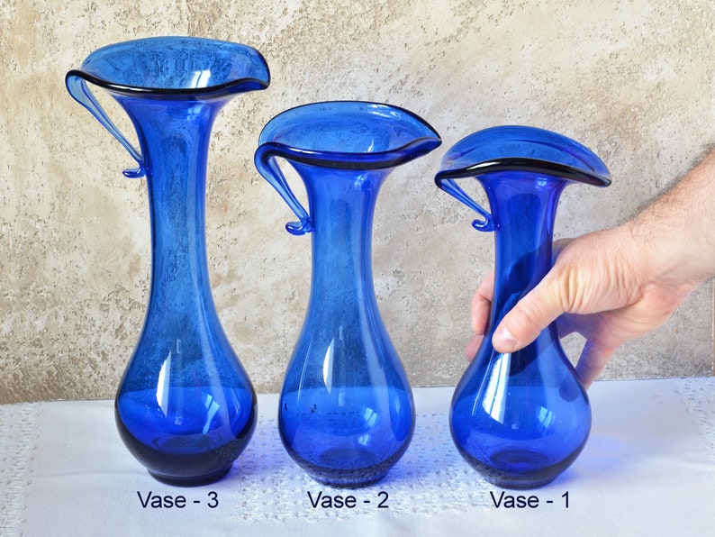 Vintage Glass Vase Cobalt Blue Glass Art Vase Jug Retro Hand Etsy