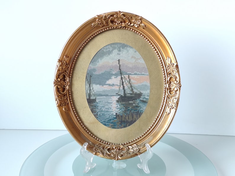 Vintage Oval Gold Frame With Tapestry seascape, Wall Home Decor, Retro