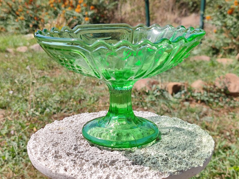 Stunning Vintage Green Glass Pedestal Bowl Gallery