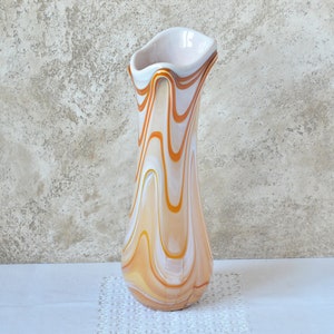 Orange-White Glass Vase, Blown Glass Vase Flower, Retro Orange Vase, New Home Gift, Apartament Table Decor, Orange Glass Vase 13 Inches Tall