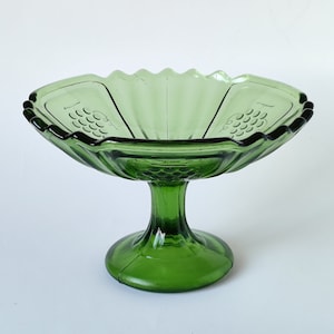 Vintage Green Glass Bowl with a Beautiful Pattern, Large Bowl with Pedestal from 1970s. Art Deco style Glass Centerpiece Bowl for Home Decor