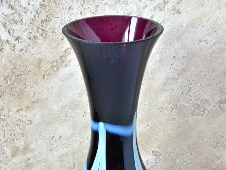 Vintage Bud Vase, Dark Purple and White Glass, 10 Tall Glass Vase for Flowers Arrangements, Artisan Decorative Vase, Retro Decor 1970s._1