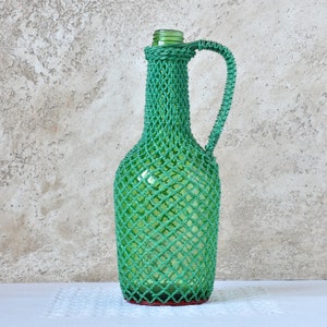 Vintage Small Wicker Bottle with Handle, Accent Country Cottage Decor, Old Glass Bottle in Green Plastic Wicker, Art Retro Whiskey Bottle