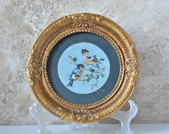 Vintage Round Frame with Tapestry, Antique Wall Home Decor 70s, Retro Decoration Wood and Gesso Ornate Frame Gold, Above Fireplace Frame 10"