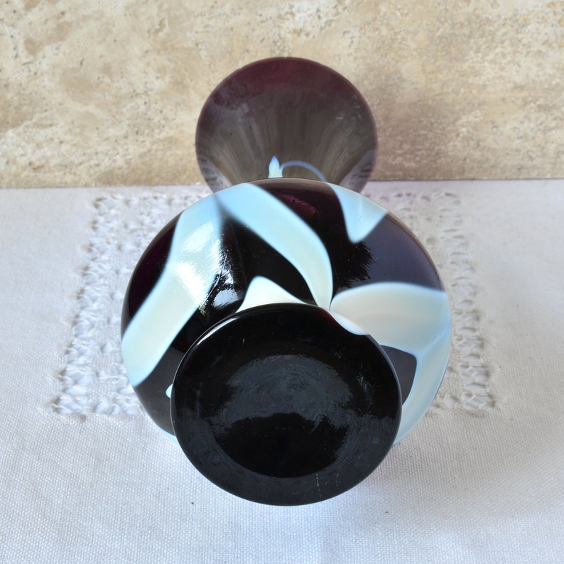 Vintage Bud Vase, Dark Purple and White Glass, 10 Tall Glass Vase for Flowers Arrangements, Artisan Decorative Vase, Retro Decor 1970s._5