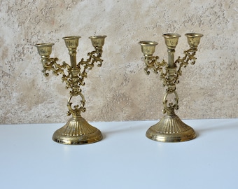 Vintage Three Arm Candelabra, Set of 2  Ornate Candelabra, Three Arm Candlestick Holder, Vintage Candelabrum, Small Brass Candelabrum