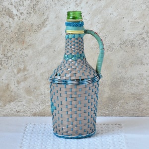 Vintage Wicker Bottle with Handle, Accent Country Cottage Decor, Old Glass Bottle in Plastic Wicker, Beige and BlueRetro Wicker Bottle