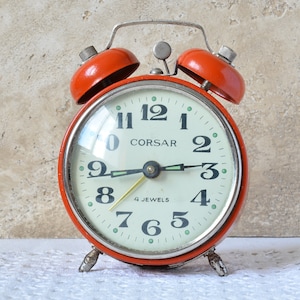 Mechanical Alarm Clock &quot;Corsar&quot; 1980s , Desk Clock Double Bell Orange Color, Vintage Russian Alarm Clock, Retro Wind up Clock Made in USSR