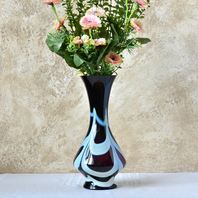 Vintage Bud Vase, Dark Purple and White Glass, 10 Tall Glass Vase for Flowers Arrangements, Artisan Decorative Vase, Retro Decor 1970s._10