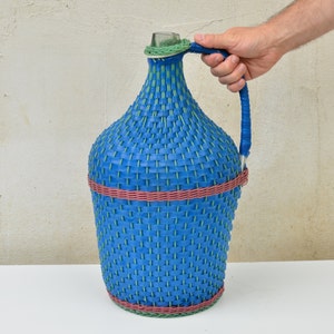 Vintage Wicker Bottle Demijohn with Handle, French Country Decor, Large Wine Bottle Wrapped Hand-knitted Blue Threads, Floor Vase Demijohn