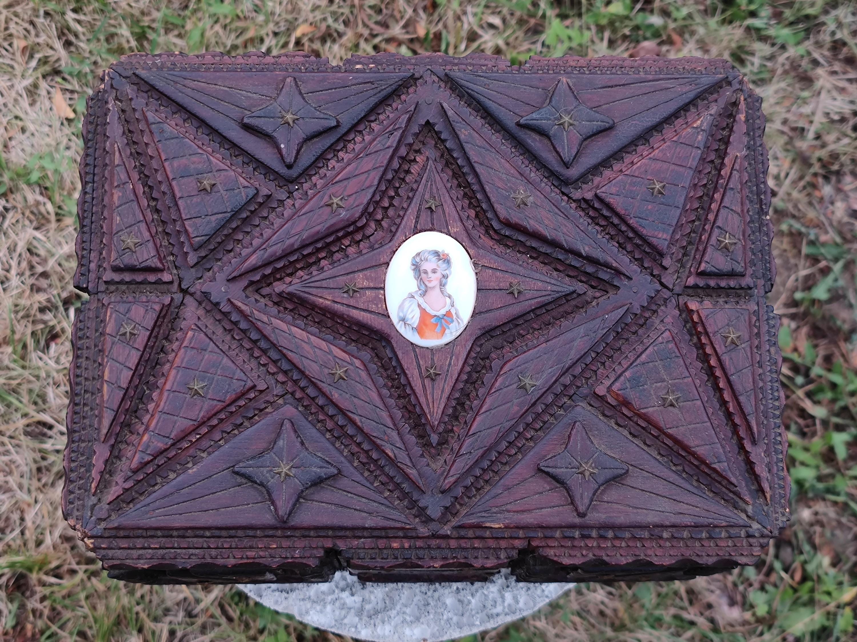 Tramp Art Box Antique Carved Wood, Vintage Memory Box, French Folk