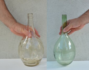 Vintage Glass Demijohn 1 liters, French Green Glass Wine Demijohn, Carboy Wine Bottle, Unique Rustic Home Decor, Antique Glass Bottle