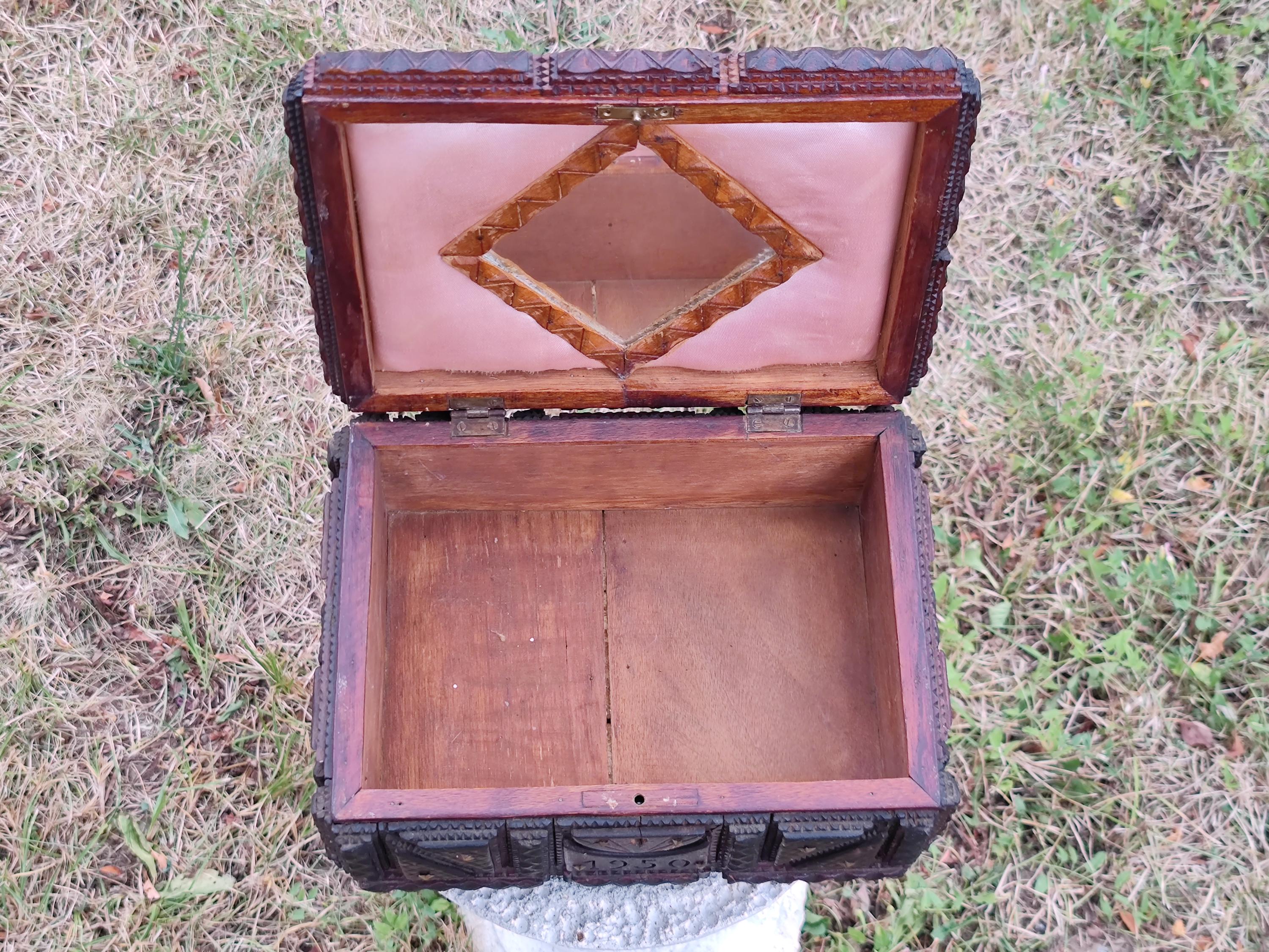 Tramp Art Box Antique Carved Wood, Vintage Memory Box, French Folk