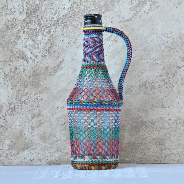 Vintage Colorful Wicker Bottle with Handle, Glass Bottle in Multicolor Plastic Wicker, Plastic Covered Bottle, Living Room Decor, Bulgaria