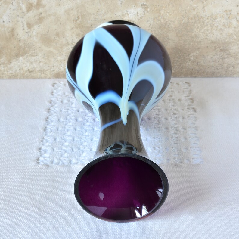 Vintage Bud Vase, Dark Purple and White Glass, 10 Tall Glass Vase for Flowers Arrangements, Artisan Decorative Vase, Retro Decor 1970s._4