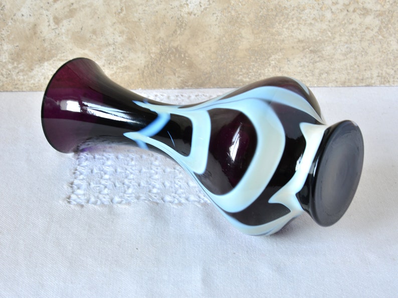 Vintage Bud Vase, Dark Purple and White Glass, 10 Tall Glass Vase for Flowers Arrangements, Artisan Decorative Vase, Retro Decor 1970s._6