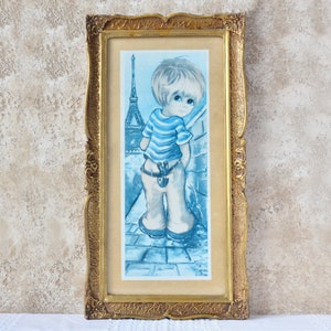 Vintage Big Eyes Framed Print - Super Kitsch and Cute Paris - Boy River Seine - Eiffel Tower Paris France - Cute Wall Art Rectangular Frame