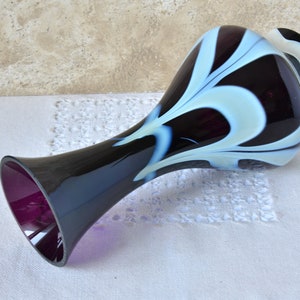 Vintage Bud Vase, Dark Purple and White Glass, 10 Tall Glass Vase for Flowers Arrangements, Artisan Decorative Vase, Retro Decor 1970s._3