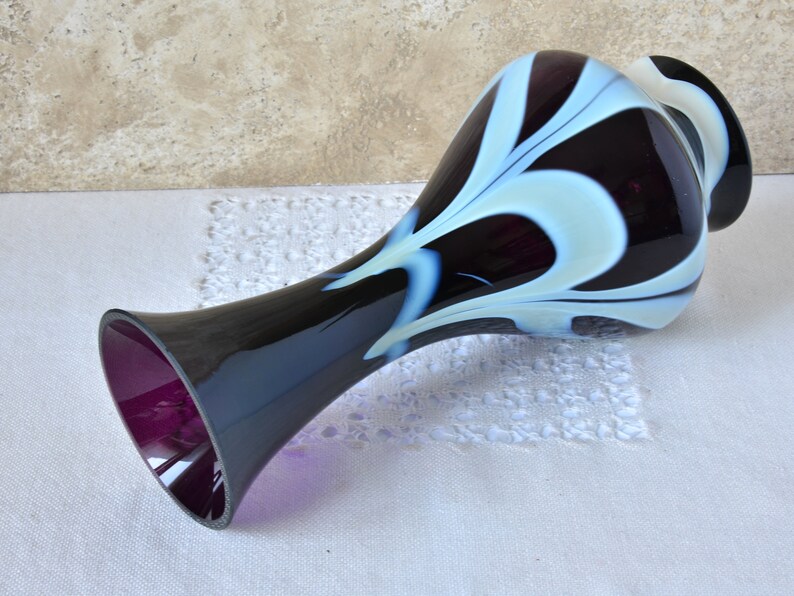 Vintage Bud Vase, Dark Purple and White Glass, 10 Tall Glass Vase for Flowers Arrangements, Artisan Decorative Vase, Retro Decor 1970s._3