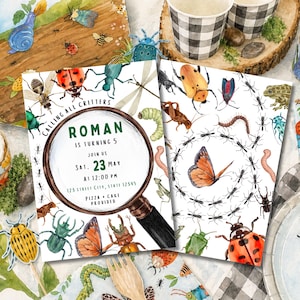 Könnte beinhalten: Aquarell-Einladung mit verschiedenen Insekten und dem Text "CALLING ALL CRITTERS". Die Einladung ist für eine Geburtstagsfeier mit dem Namen "ROMAN" sowie Datum und Uhrzeit der Veranstaltung. Enthält ein Lupen-Design.