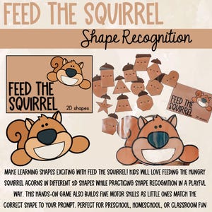 May include: A learning game titled "Feed the Squirrel" with a cartoon squirrel and various 2D shapes. The image includes the text "Shape Recognition" and "2D shapes". The game is designed to help children learn shapes.