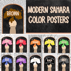 Könnte beinhalten: Eine Sammlung von Farbpostern mit schwarzem Tafelhintergrund. Jedes Poster zeigt einen Farbnamen in einem Farbspritzer-Design mit einer Pinsel-Illustration. Die Poster umfassen Farben wie Braun, Rosa, Rot, Orange, Gelb, Grün, Blau, Lila, Weiß, Schwarz und Grau.